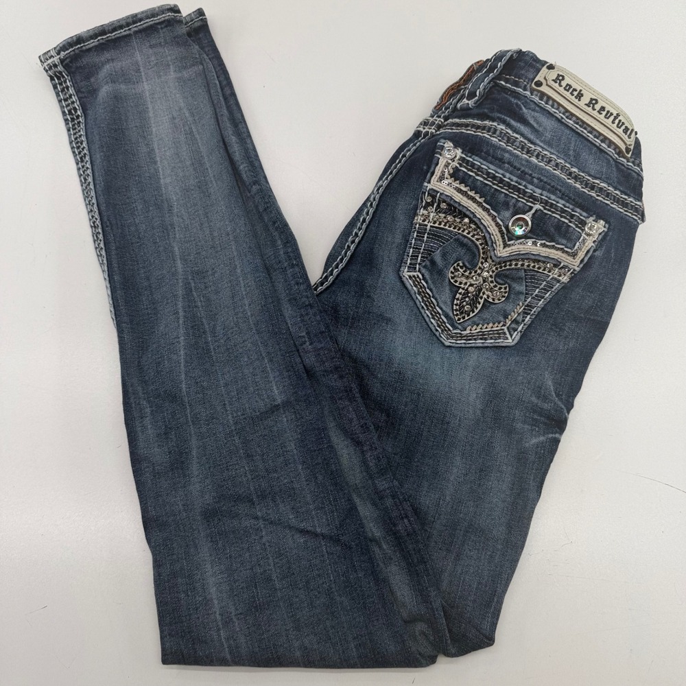 Rock Revival Rima Skinny Jeans Dark Wash Embellished Fleur De Lis Size 27